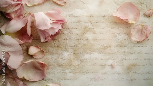 romantic vintage paper with faded handwriting, adorned with delicate rose petal stains and soft pastel hues, evoking an old love letter