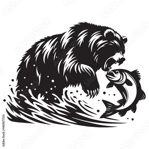 Dynamic fishing grizzly silhouette showing the essence of predator-prey action – fishing grizzly vector – fishing grizzly illustration – silhouette of fishing grizzly

