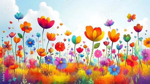 Colorful floral field, vibrant flowers, sunny day, background, illustration, children's book cover, or digital print