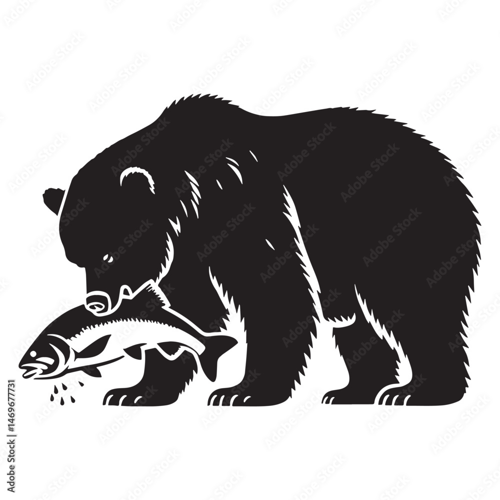 Fototapeta premium Sharp and skillful fishing grizzly silhouette for showcasing predator behavior – fishing grizzly vector – fishing grizzly illustration – silhouette of fishing grizzly