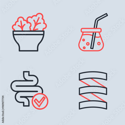 Set line Fresh smoothie, Intestines, Sports nutrition proteine and Salad bowl icon. Vector