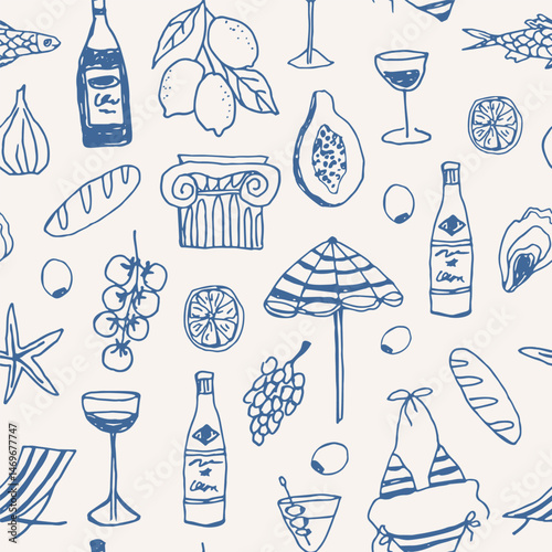 Hand drawn doodle mediterranean seamless pattern