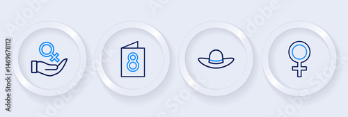 Set line Female gender symbol, Elegant women hat, Greeting card with 8 March and icon. Vector