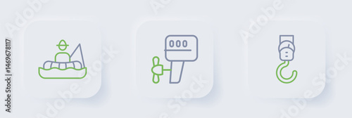 Set line Spring scale, Outboard boat motor and Fisherman icon. Vector