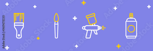Set line Paint spray can, gun, brush and icon. Vector