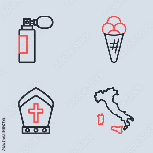 Set line Ice cream in waffle, Pope hat, Map of Italy and Perfume icon. Vector