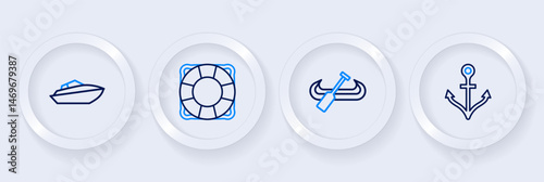 Set line Anchor, Kayak and paddle, Lifebuoy and Speedboat icon. Vector