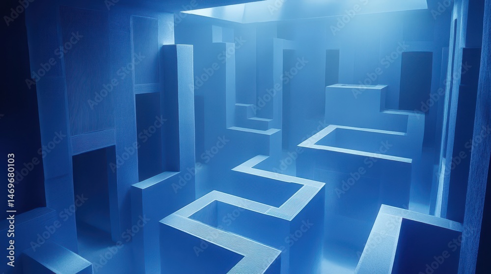 Blue toned maze interior with geometric shapes and fog. Abstract architectural design with a complex layout and atmospheric lighting, creating a sense of mystery. Blue toned maze interior with geometric shapes and fog. Abstract architectural design with a complex layout and atmospheric lighting, creating a sense of mystery.