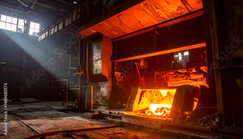 Glowing Industrial Furnace in Dark Factory Setting