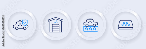 Set line Taxi car roof, service rating, Garage for taxi and insurance icon. Vector