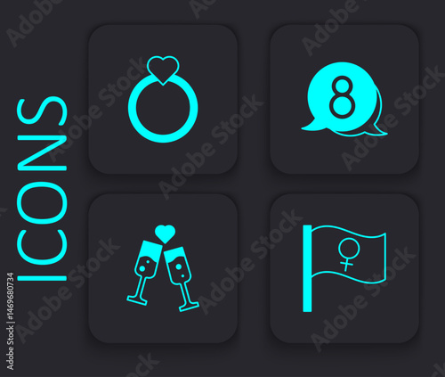 Set Feminist activist, Diamond engagement ring, 8 March speech bubble and Glass of champagne icon. Black square button. Vector
