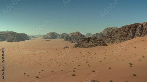 Jordan, Wadi Rum, panoramic view on arid desert vastness lanscape