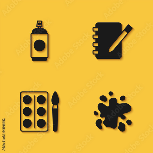 Set Paint spray can, Watercolor paints box and Notebook icon with long shadow. Vector