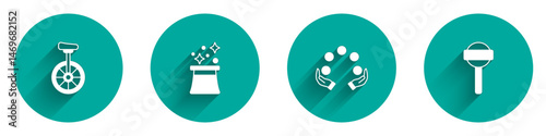 Set Unicycle, Magician hat, Juggling ball and Lollipop icon with long shadow. Vector