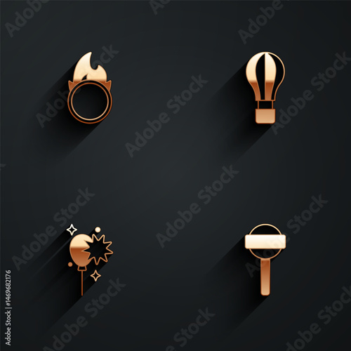 Set Circus fire hoop, Hot air balloon, Balloons with ribbon and Lollipop icon with long shadow. Vector