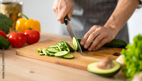 Hands Slicing Cucumber on Wooden Board with Assorted Vegetables