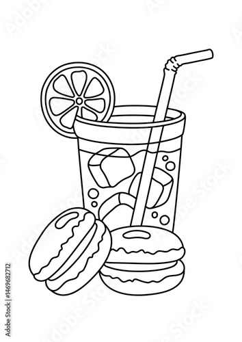Lemonade and macaroons. Coloring. Simple vector illustration.