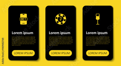Set Wine glass, Casino chips and Online sports betting. Business infographic template. Vector