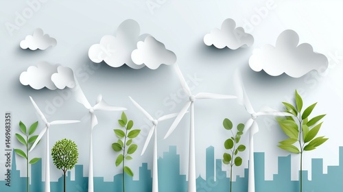 Wind Turbines and Plants in Eco City Concept
