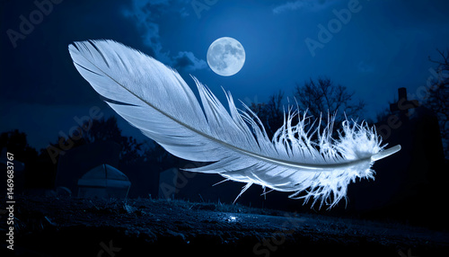 Floating White Feather Under Moonlight in a Graveyard