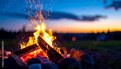 Sunset Campfire with Glowing Embers and Sparks