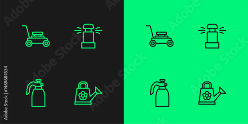 Set line Watering can, Garden sprayer for water, Lawn mower and Automatic irrigation sprinklers icon. Vector