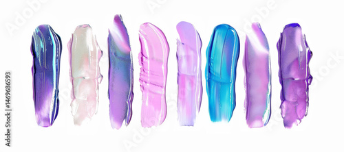 Holographic rainbow lipstick or paint smears set, isolated on white background. Trendy color makeup smudge swatches of creamy eye shadow, lipstick or brush strokes on a white background