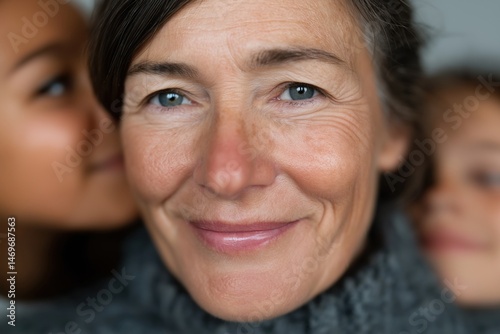 Smiling caucasian mature woman with children embracing joyful family moment