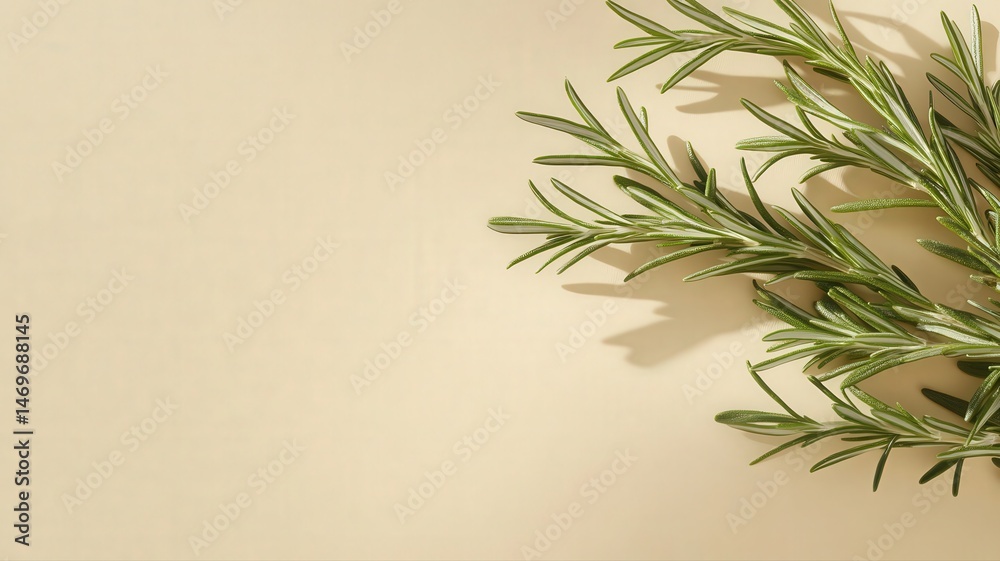 Rosemary Sprig on Beige Background in Sunlight