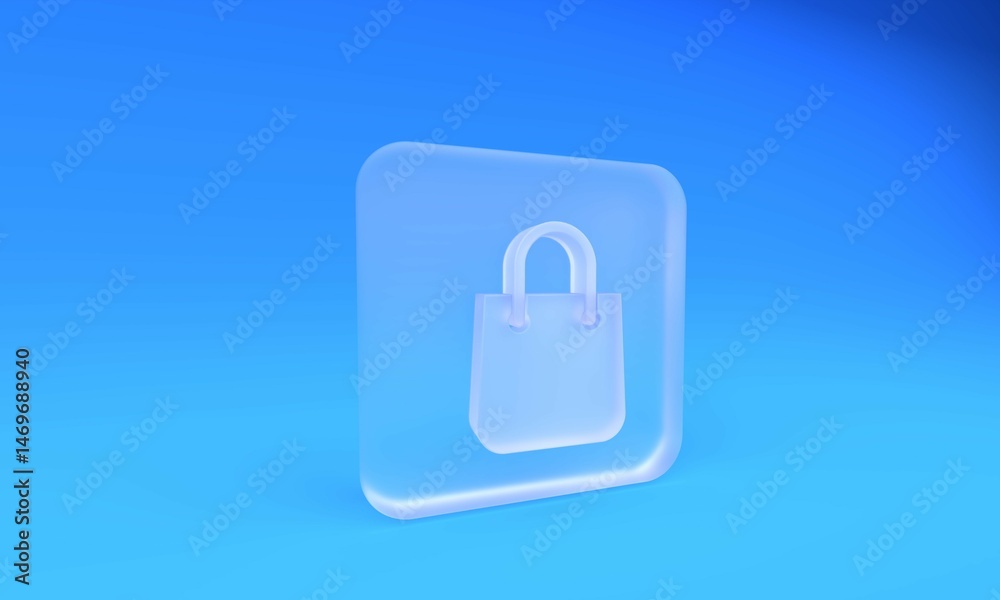 Frosted glass Shopping bag icon isolated on blue background. Package sign. Square frosted glass button. 3D render illustration Frosted glass Shopping bag icon isolated on blue background. Package sign. Square frosted glass button. 3D render illustration