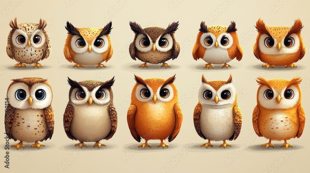 Obraz premium Adorable cartoon owls collection, digital design, neutral background, app icons
