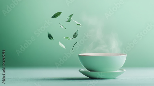 Green tea cloud in air with delicate loose leaves floating above steaming cup on gradient pastel green background, evoking harmony and balance concept