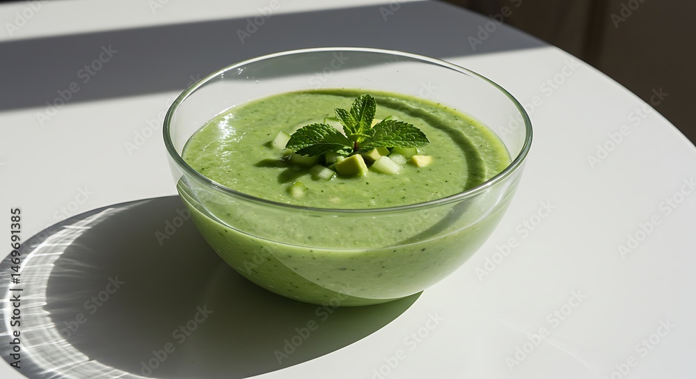Green Soup with Garnish in Bowl Green Soup with Garnish in Bowl