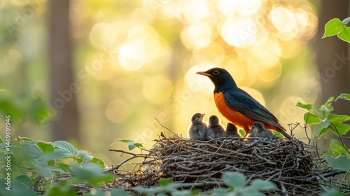 Mother bird with chicks in a nest
