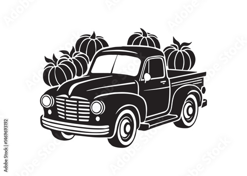 Retro truck with pumpkins Silhouette Vector
