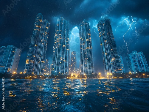 Obraz na płótnie Surreal Skyline Submerged in a Stormy Apocalyptic Flood w salonie