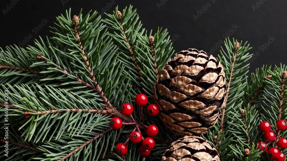 Festive pine branch movement with pinecones and red berries on dark background Festive pine branch movement with pinecones and red berries on dark background