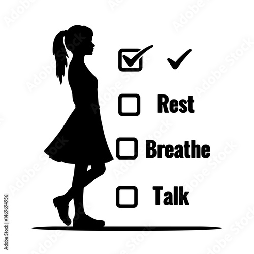 Silhouette of a woman with checklist items "Rest," "Breathe," "Talk," on white background, mindfulness and self-care concept