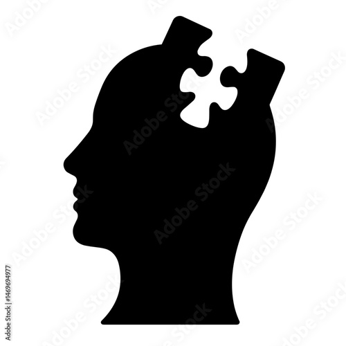Silhouette of human head with puzzle piece on white background, concept of mental health and cognitive development