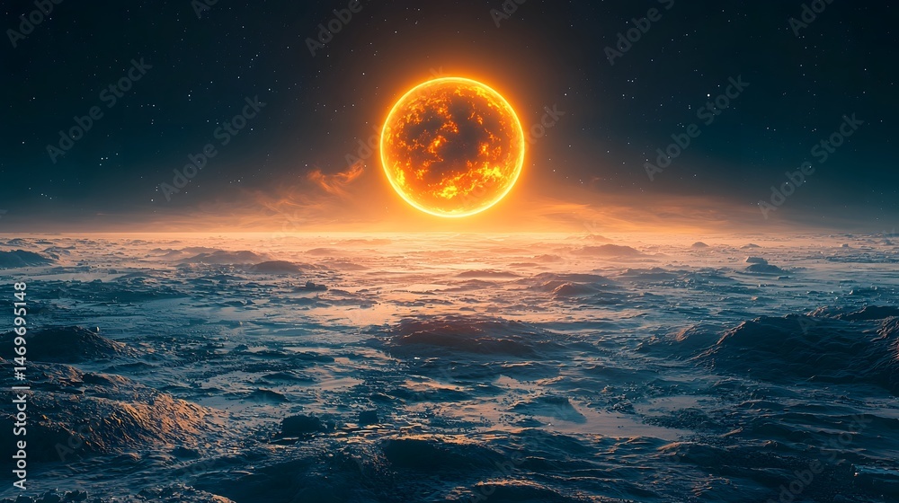 A frozen planet under the glow of a dying sun