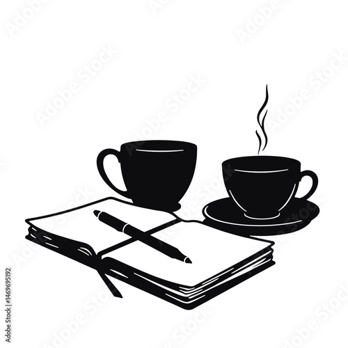 Silhouette of Journal, Pen, and Coffee Mugs on White Background, Writing and Relaxation Symbol
