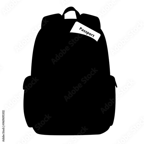 Silhouette of backpack with passport and guidebook, black and white, travel preparation concept