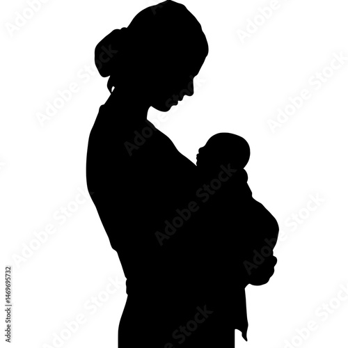Silhouette of Midwife Holding Newborn on White Background, Maternal Care and Nurturing Concept
