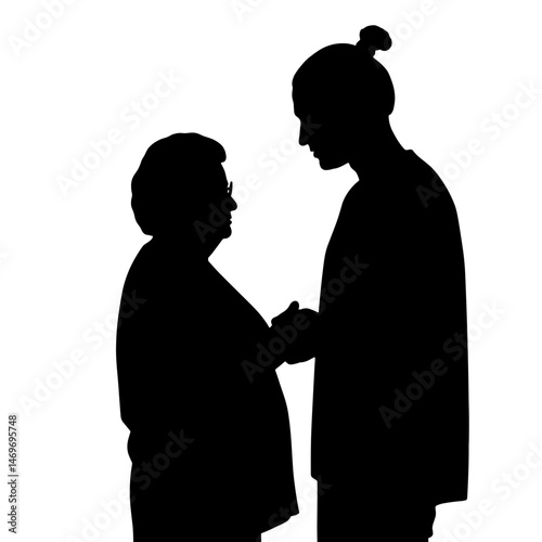 Silhouette of a Young Man Holding Hands with an Older Woman  
