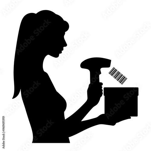 Silhouette of woman scanning barcode on medicine box, black and white, technology and healthcare logistics