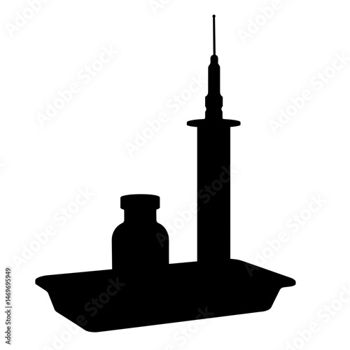 Medical syringe and vial silhouette on tray  