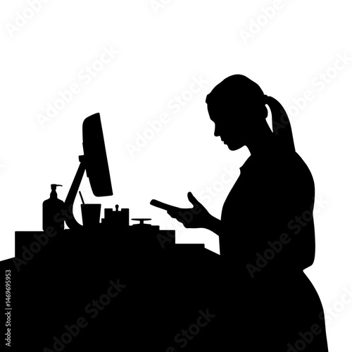 Silhouette of pharmacist scanning items at pharmacy counter, black and white, healthcare and retail concept