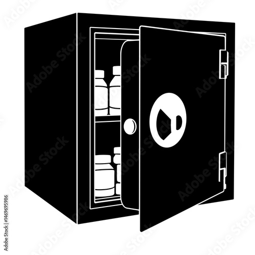 Silhouette of Safe Storage Box with Lock and Medicine on White Background, Security and Healthcare Concept