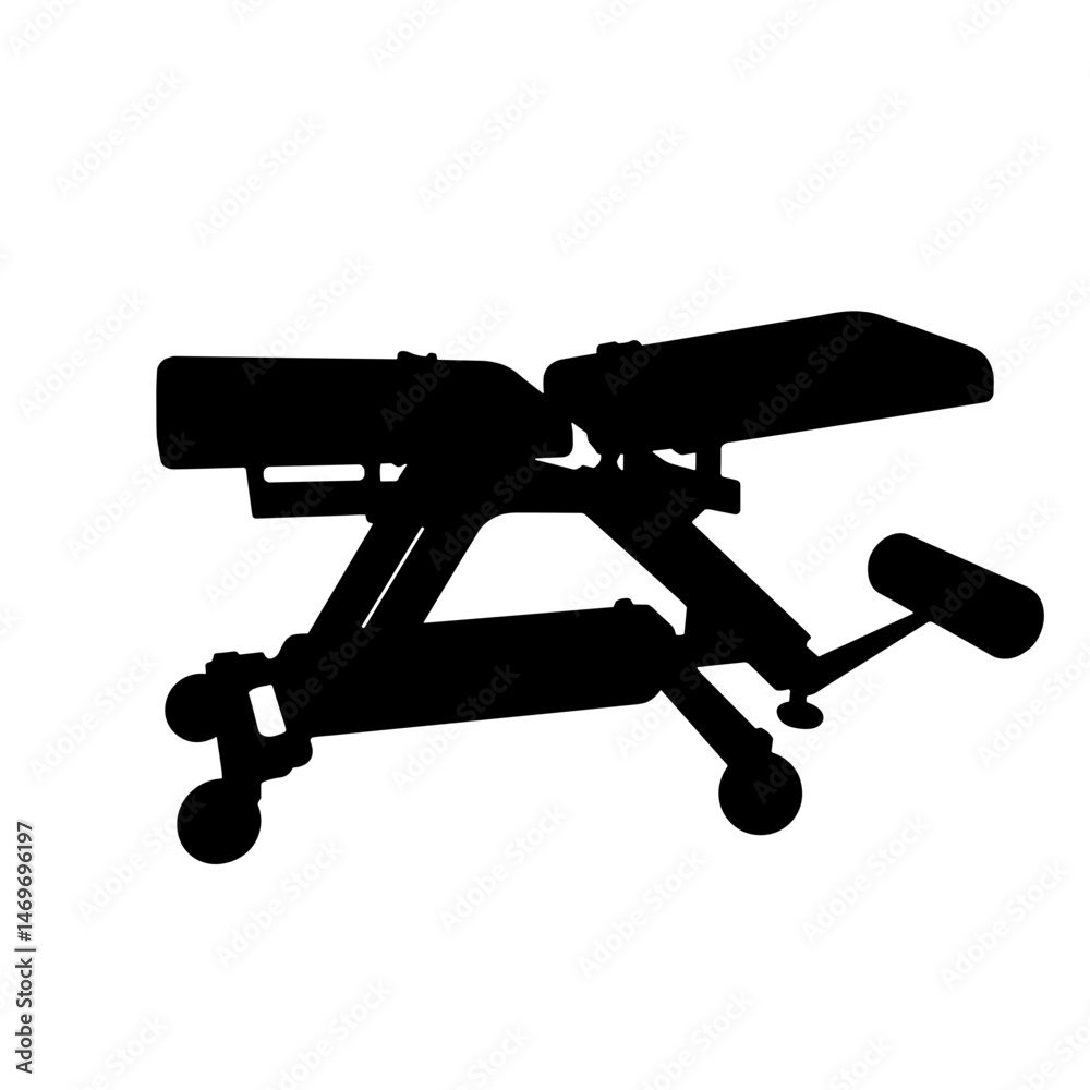 Silhouette of examination table with paper roll and footrest, black and white medical symbol on white background Silhouette of examination table with paper roll and footrest, black and white medical symbol on white background