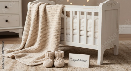 Greeting Card Near Baby Cot with Knitted Blanket and Booties